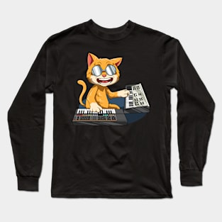 Synthesizer cat playing analog synthesizer Long Sleeve T-Shirt